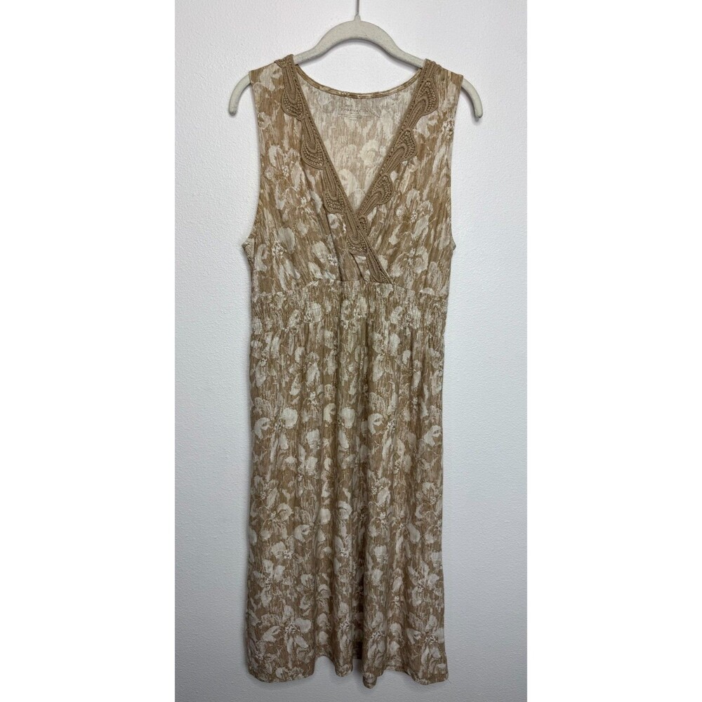 Charter Club Missy Large Floral Midi Dress Tan Crochet Lace Trim Sleeveless